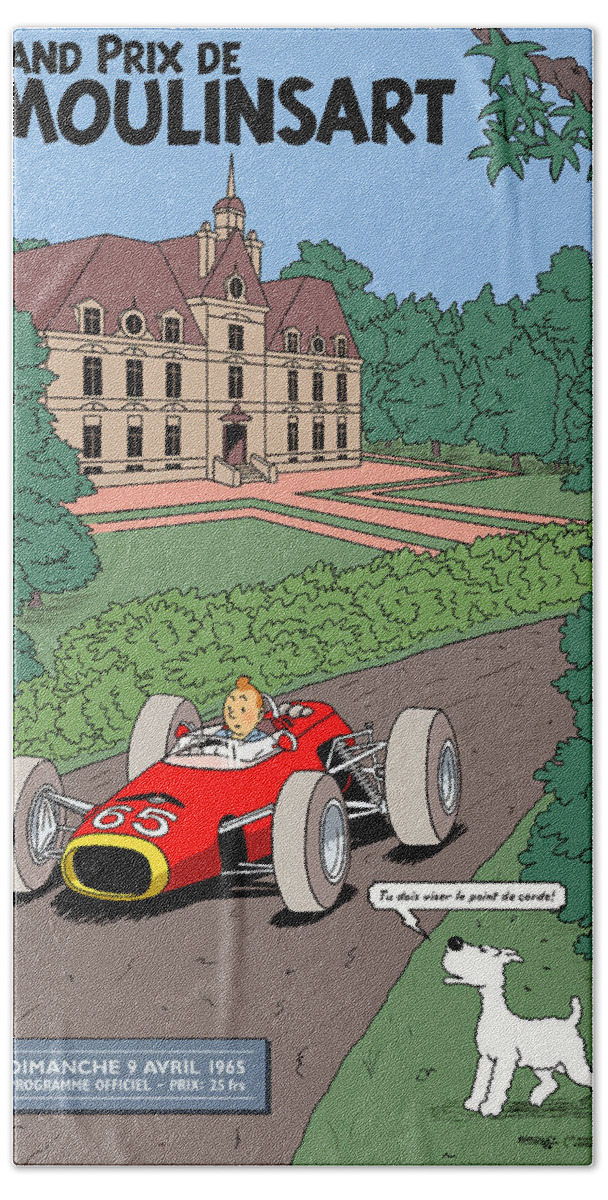 Tintin Grand Prix Beach Towel featuring the digital art Tintin Grand Prix de Moulinsart 1965 by Georgia Fowler