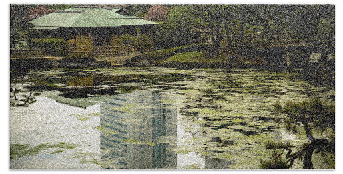 Green Beach Towel featuring the photograph Tokyo Reflection by Sebastian Musial