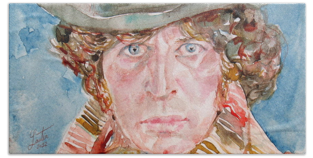 Tom Beach Towel featuring the painting TOM BAKER DOCTOR WHO watercolor portrait by Fabrizio Cassetta