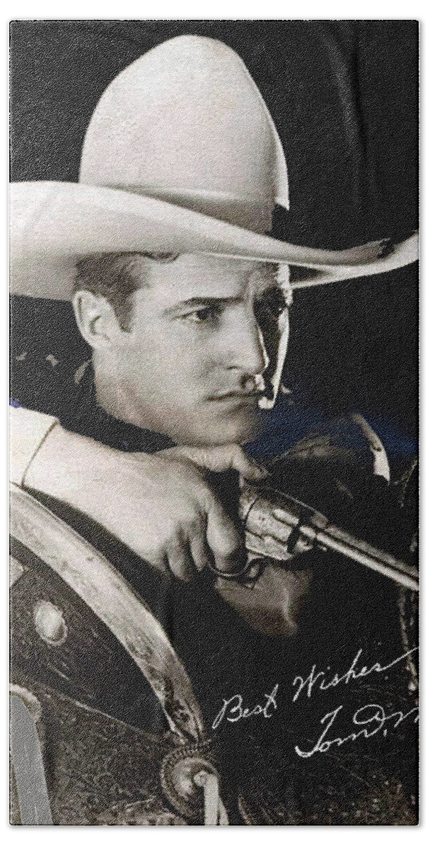 Tom Mix Portrait Melbourne Spurr Hollywood California C.1925 Color Added Autographed By Mix Gun Saddle Rope John Barrymore Buster Keaton Douglas Fairbanks Mary Pickford Beach Towel featuring the photograph Tom Mix portrait Melbourne Spurr Hollywood California c.1925-2013 by David Lee Guss