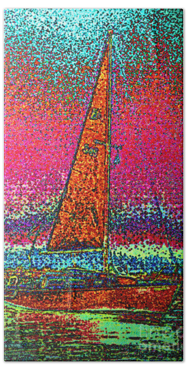 First Star Art Beach Towel featuring the digital art Tom Ray's Sailboat 3 by First Star Art