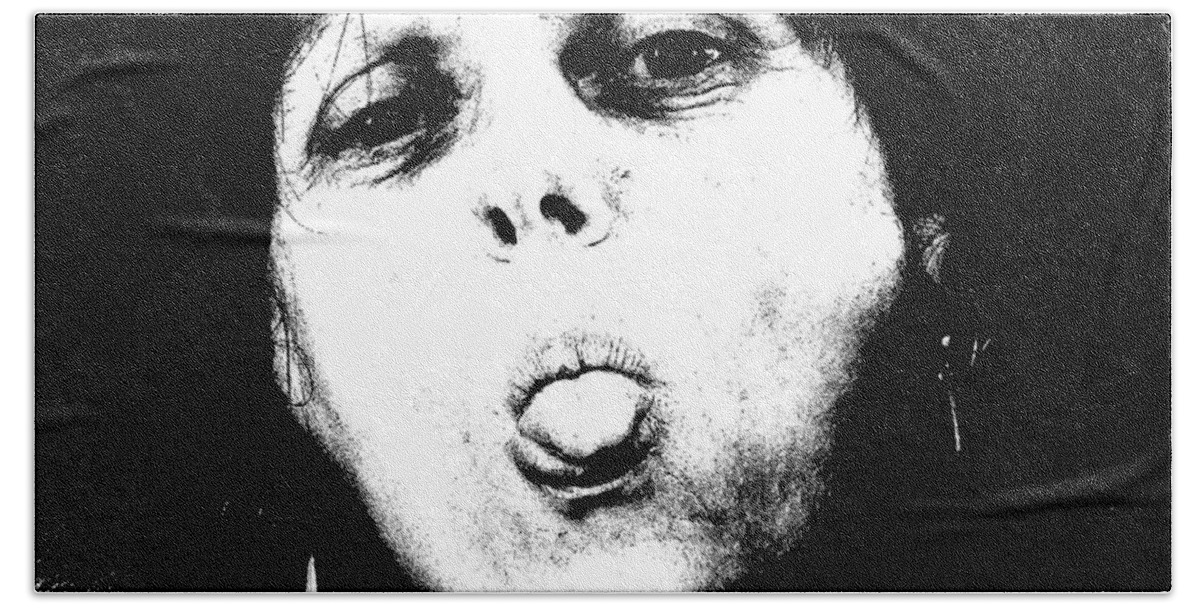 Black & White Woman Tongue Face Portrait Lady Beach Towel featuring the photograph Tongue by Guy Pettingell