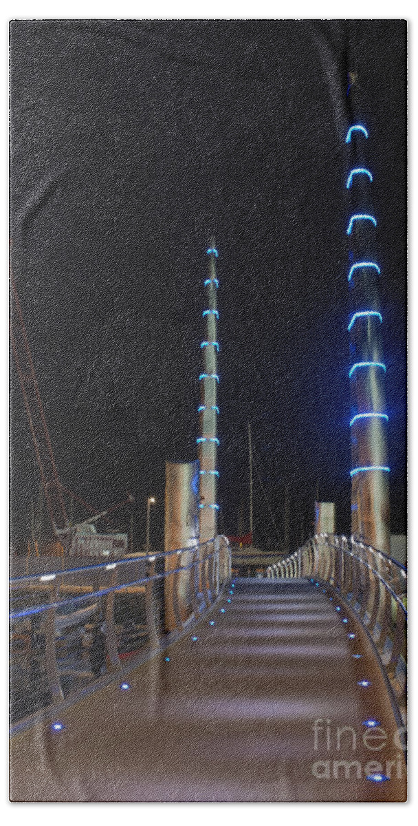 Torquay Harbout At Night Beach Towel featuring the photograph Torquay Harbour Footbridge at Night by Terri Waters