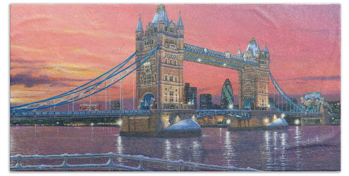 Architecture Art Beach Sheet featuring the painting Tower Bridge after the Snow by Richard Harpum