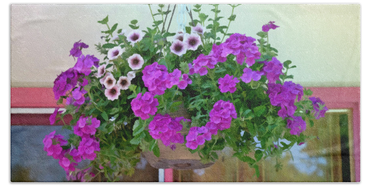 Trailing Petunia Flowers In A Hanging Basket Beach Towel featuring the painting Trailing petunia flowers in a hanging basket by Jeelan Clark