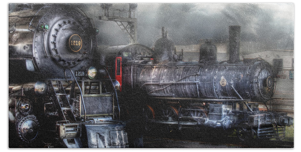Savad Beach Towel featuring the photograph Train - Engine - 1218 - Waiting for Departure by Mike Savad