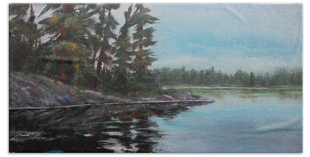 Lake Beach Sheet featuring the painting Tranquil Bay by Ruth Kamenev
