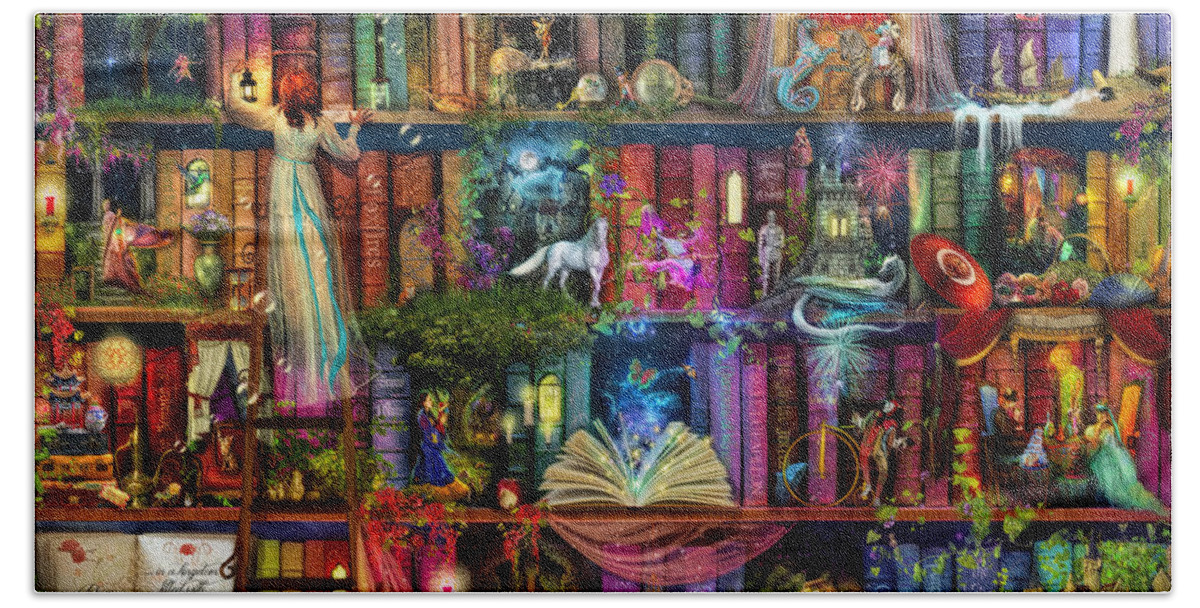 Fairytale Beach Towel featuring the digital art Fairytale Treasure Hunt Book Shelf by MGL Meiklejohn Graphics Licensing