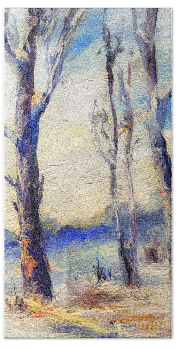 Trees Beach Sheet featuring the painting Trees in winter by Daliana Pacuraru