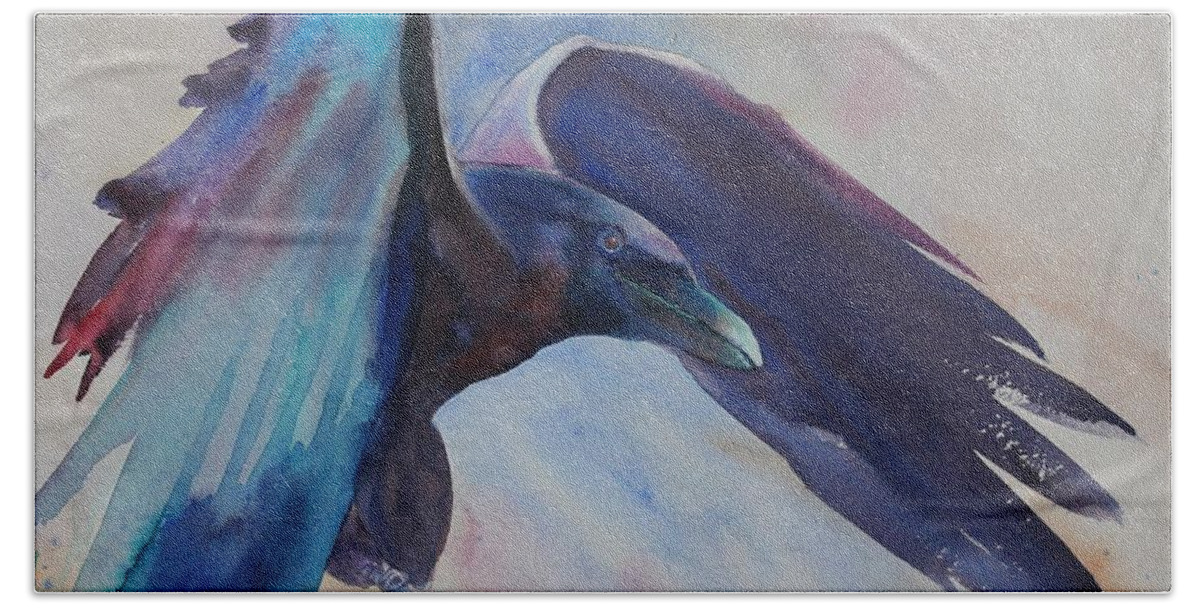 Raven Beach Towel featuring the painting Trickster by Ruth Kamenev