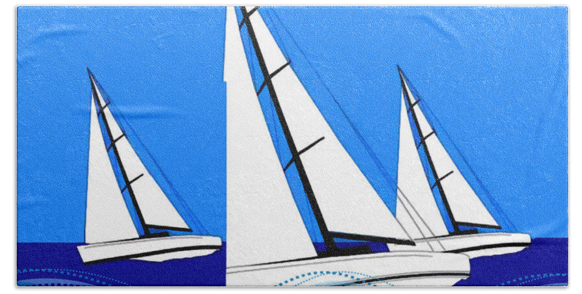 Boats Beach Towel featuring the painting Trio of Sailboats by Elaine Plesser