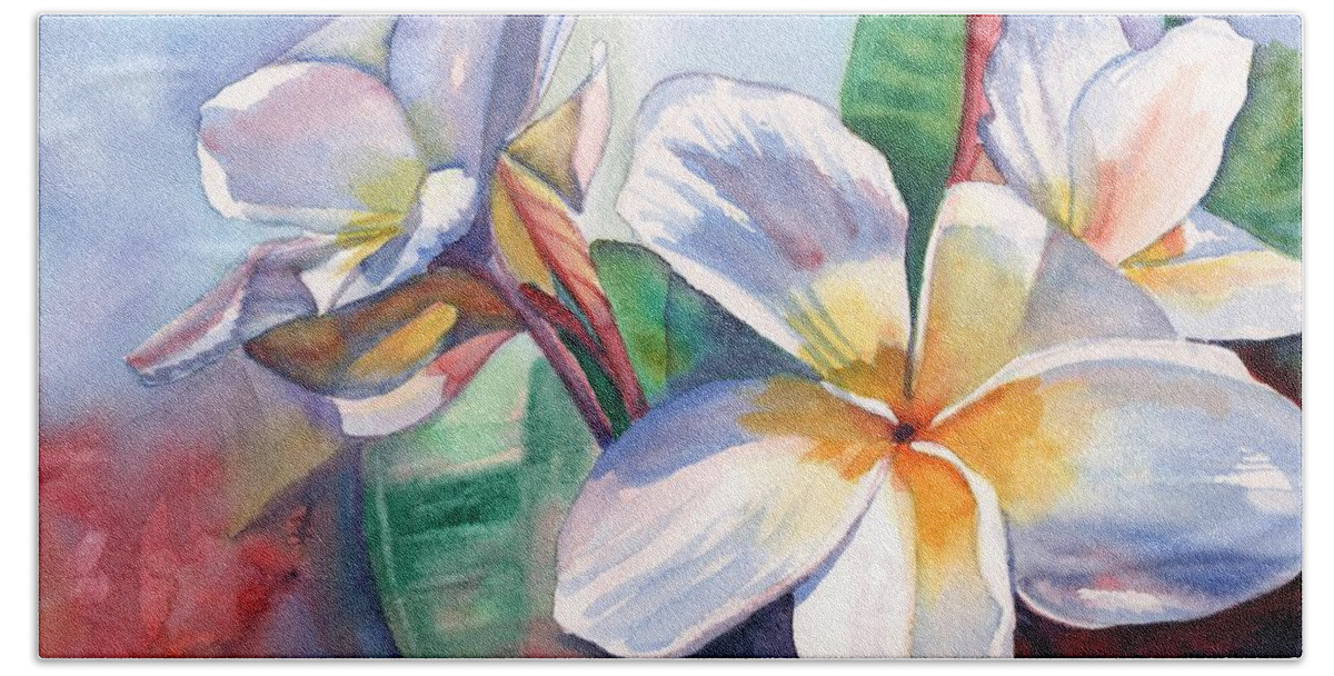 Plumeria Beach Sheet featuring the painting Tropical Plumeria Flowers by Marionette Taboniar