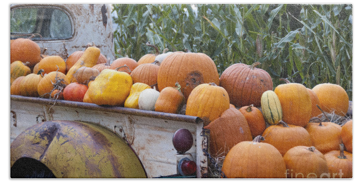 Agribusiness Beach Towel featuring the photograph Truck Full of Pumpkins by Juli Scalzi