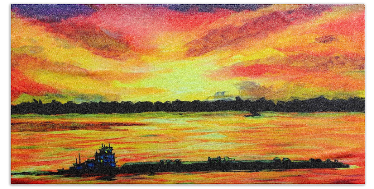 Mississippi River Beach Towel featuring the painting Tugboat On The Mississippi by Karl Wagner