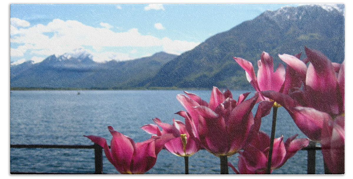 Sky Beach Towel featuring the photograph Tulips at Lake Geneva by Amanda Mohler