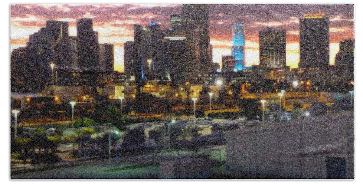 Landscape Beach Towel featuring the painting Twilight Miami Skyline as Seen From Port by Dean Wittle
