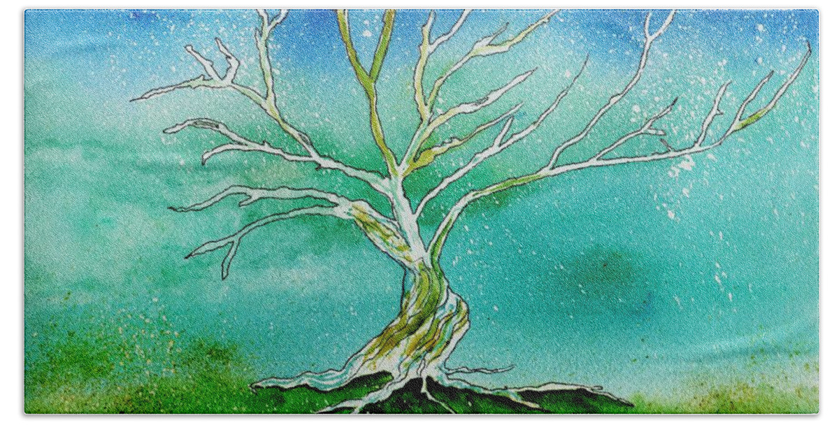 Landscape Beach Sheet featuring the painting Twilight Tree by Brenda Owen