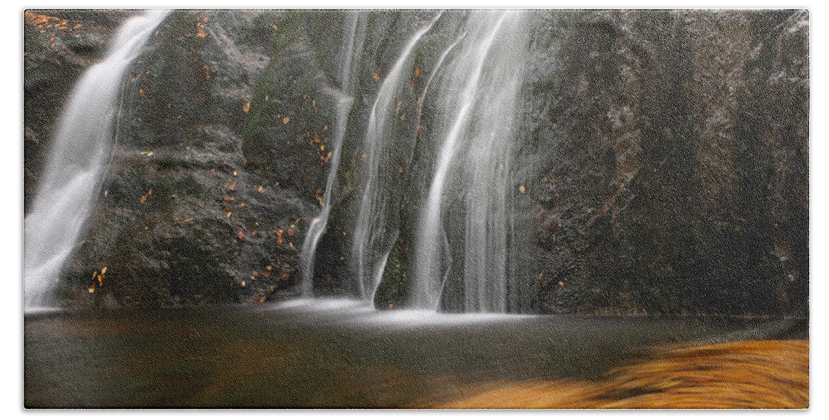 Waterfall Beach Towel featuring the photograph Twirling Leaves at Moss Glen Waterfall by Juergen Roth