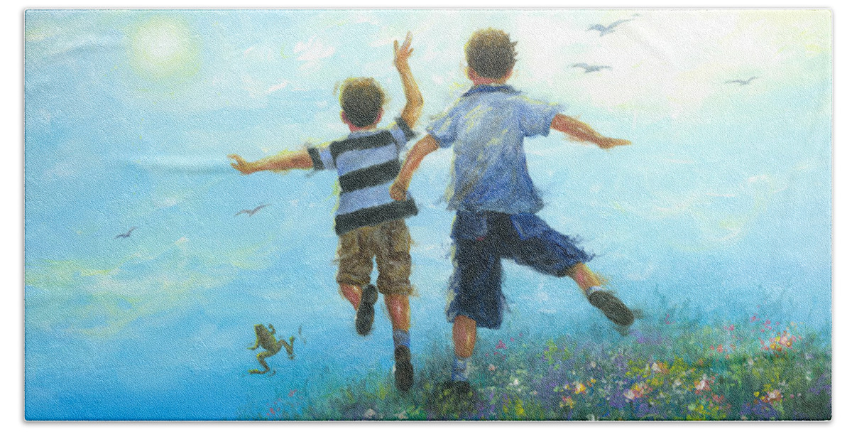 Boys Beach Towel featuring the painting Two Brothers Leaping by Vickie Wade