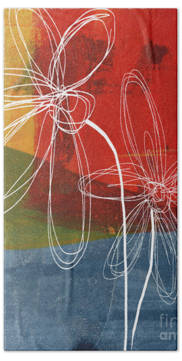 Abstract Beach Towel featuring the painting Two Flowers by Linda Woods