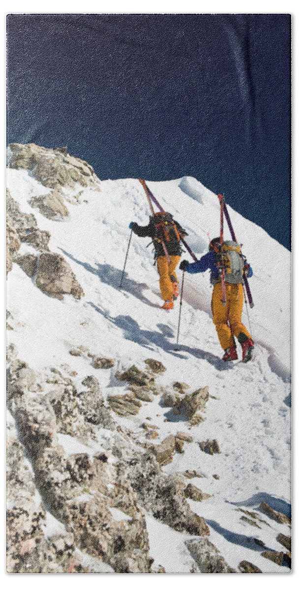 Action Beach Towel featuring the photograph Two Men Backcountry Skiing Hike by Jen Judge