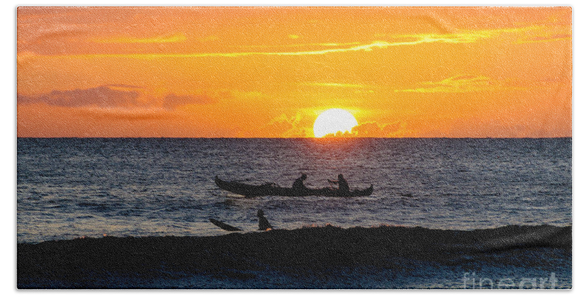 Hawaii Beach Towel featuring the photograph Two men paddling a Hawaiian outrigger canoe at sunset on Maui by Don Landwehrle