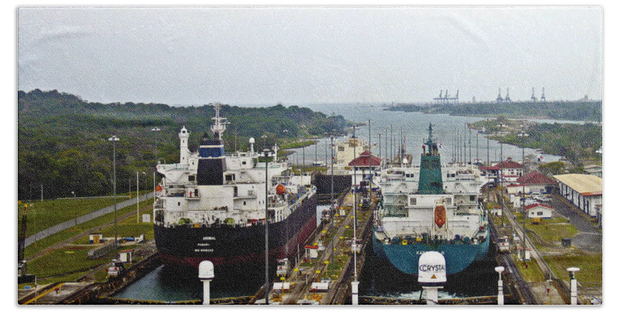 Panama Canal Beach Sheet featuring the photograph Two Ships in the Locks Panama Canal by Kurt Van Wagner