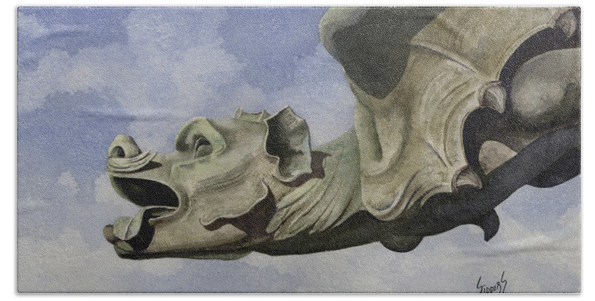 Gargoyle Beach Towel featuring the painting Ulmer Munster Gargoyle by Sam Sidders