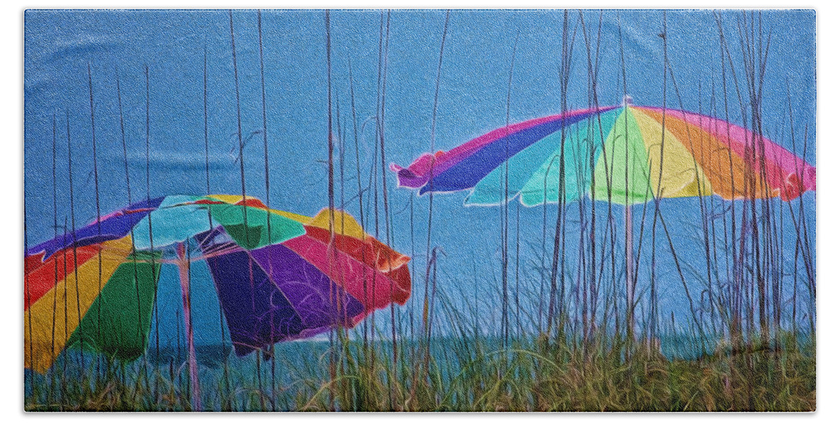 Beach Beach Towel featuring the digital art Umbrellas on Sanibel Island Beach by Georgianne Giese