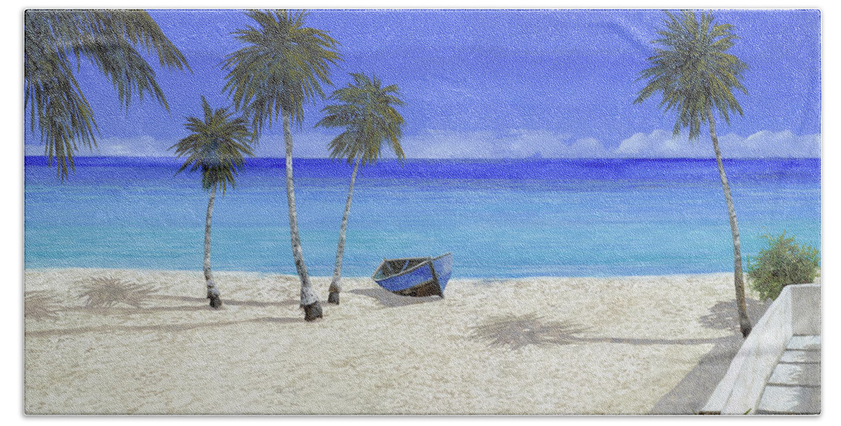 Seascape Beach Towel featuring the painting Una Barca Blu by Guido Borelli