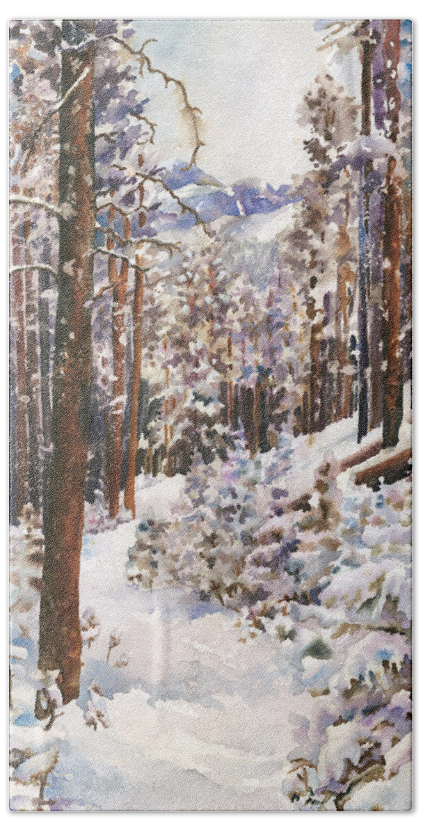 Snow Scene Painting Beach Towel featuring the painting Unbroken Snow by Anne Gifford