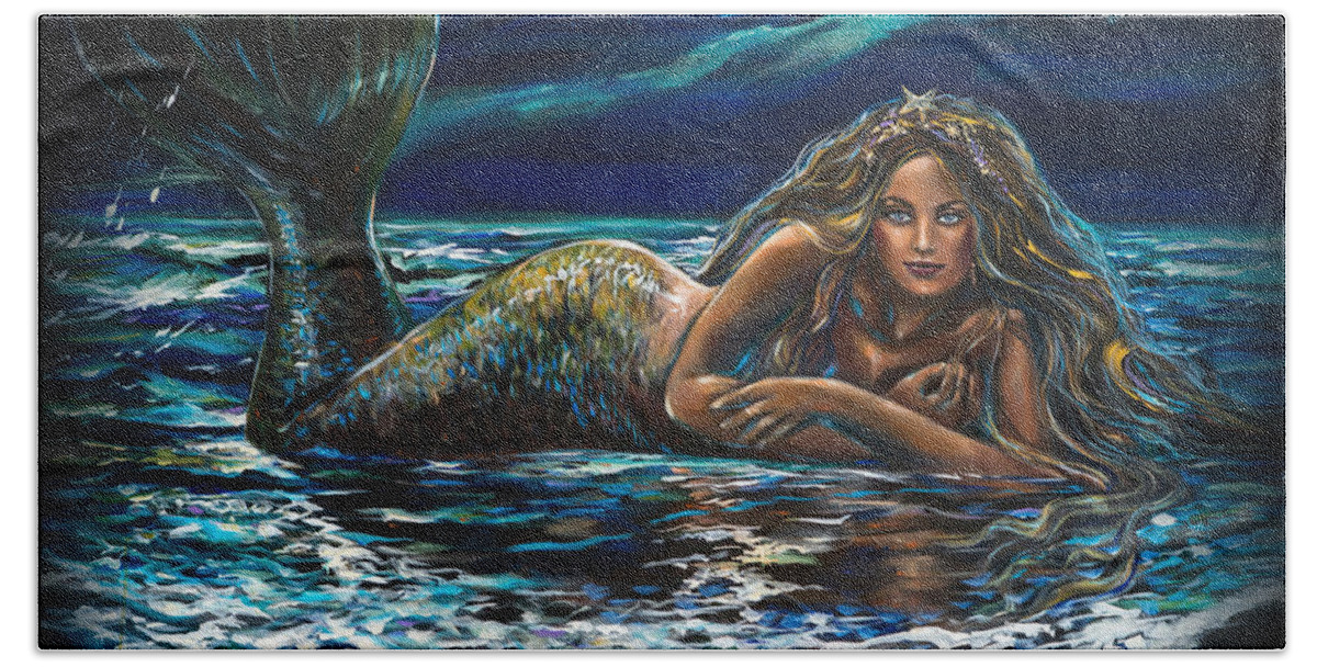Mermaid Beach Sheet featuring the painting Under a Crescent Moon Mermaid Pillow by Linda Olsen