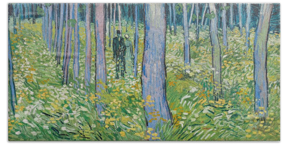 1890 Beach Towel featuring the painting Undergrowth with Two Figures by Vincent van Gogh