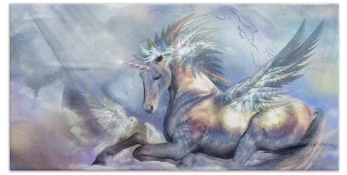 Unicorn Beach Sheet featuring the mixed media Unicorn Of Peace by Carol Cavalaris