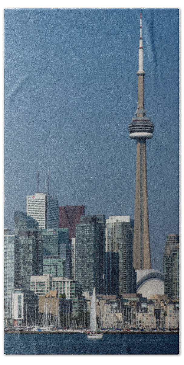 Georgia Mizuleva Beach Sheet featuring the photograph Up Close and Personal - CN Tower Toronto Harbor and Skyline From a Boat by Georgia Mizuleva