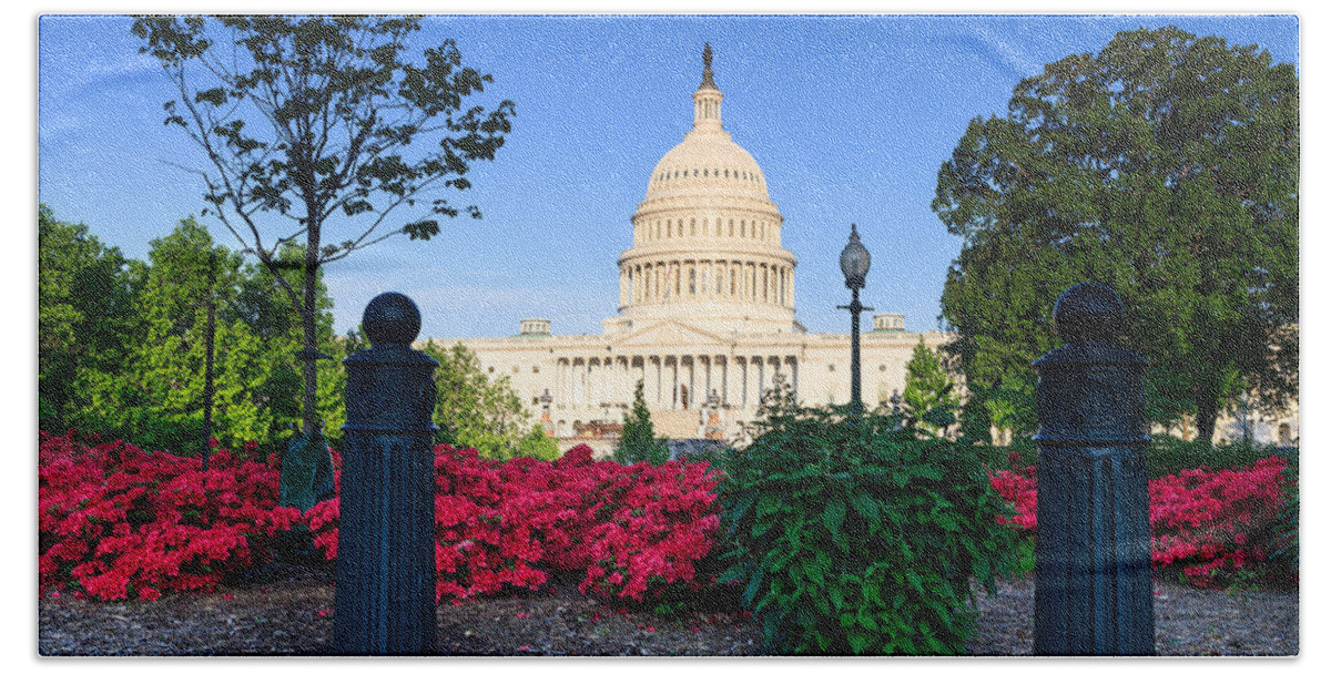 Us Capitol Beach Sheet featuring the photograph US Capitol and Red Azaleas by Carol VanDyke