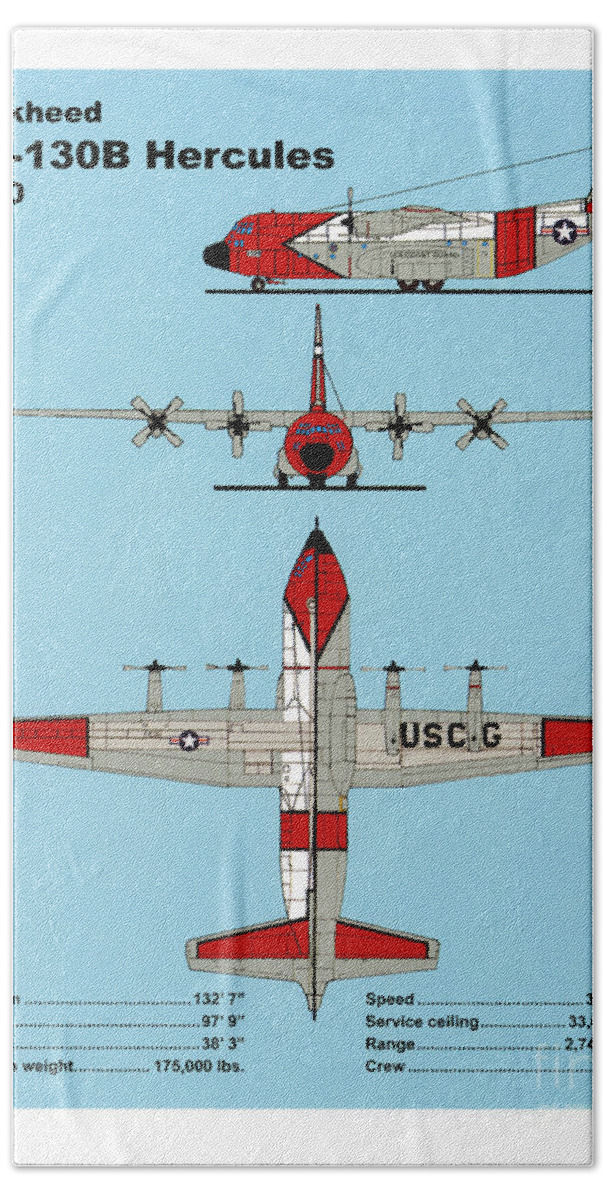 Uscg Beach Towel featuring the drawing Coast Guard HC-130 B Hercules by Jerry McElroy