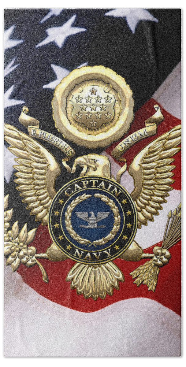 'military Insignia And Heraldry' Collection By Serge Averbukh Beach Towel featuring the digital art U. S. Navy Captain - C A P T Rank Insignia over Gold Great Seal Eagle and Flag by Serge Averbukh
