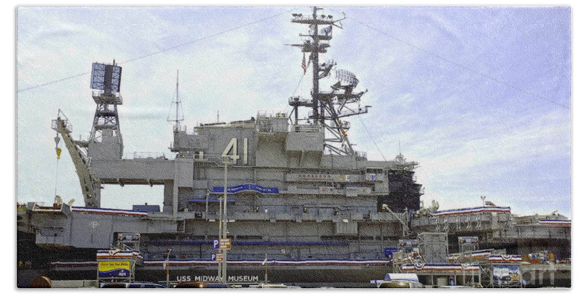 Tags:claudia's Art Dream Beach Towel featuring the photograph Uss MIDWAY MUSEUM CV 41 Aircraft carrier- from parking lot view by Claudia Ellis