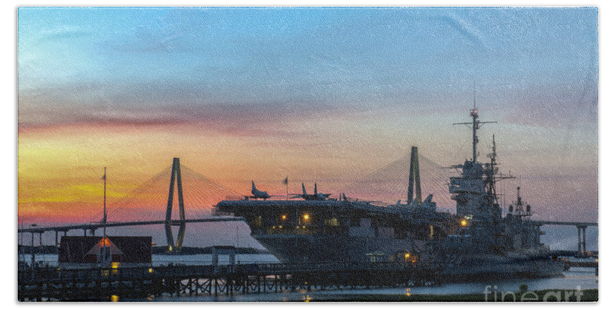 Sunset Beach Towel featuring the photograph USS Yorktown Sunset by Dale Powell