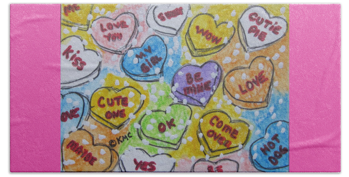 Valentine Beach Towel featuring the painting Valentine Candy Hearts by Kathy Marrs Chandler