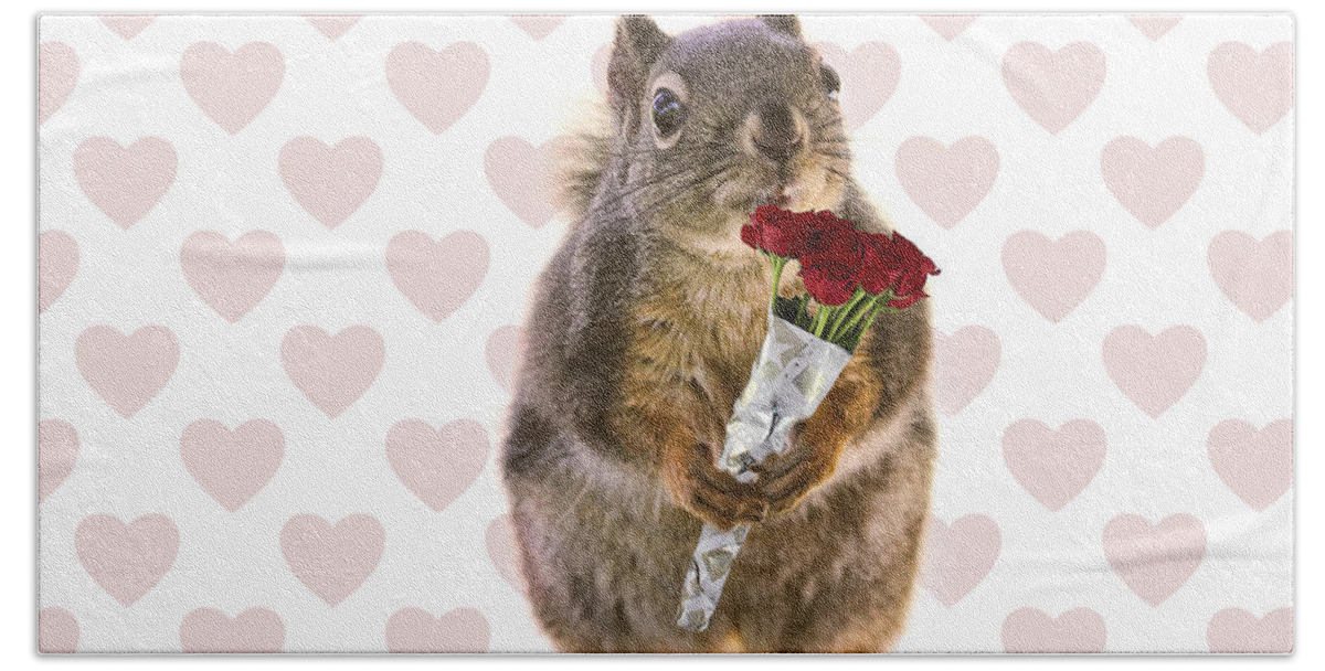 Valentines Day Beach Towel featuring the photograph Valentines Day Squirrel with a Dozen Red Roses by Peggy Collins
