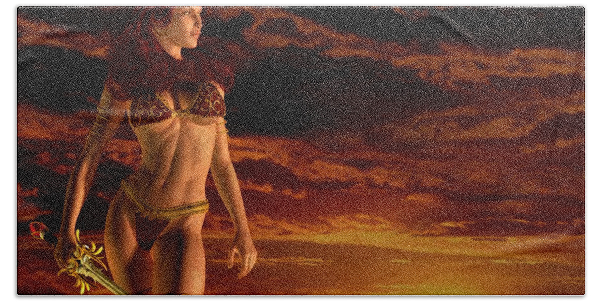 Warrior Girl Beach Towel featuring the digital art Valkyrie Sunset by Kaylee Mason
