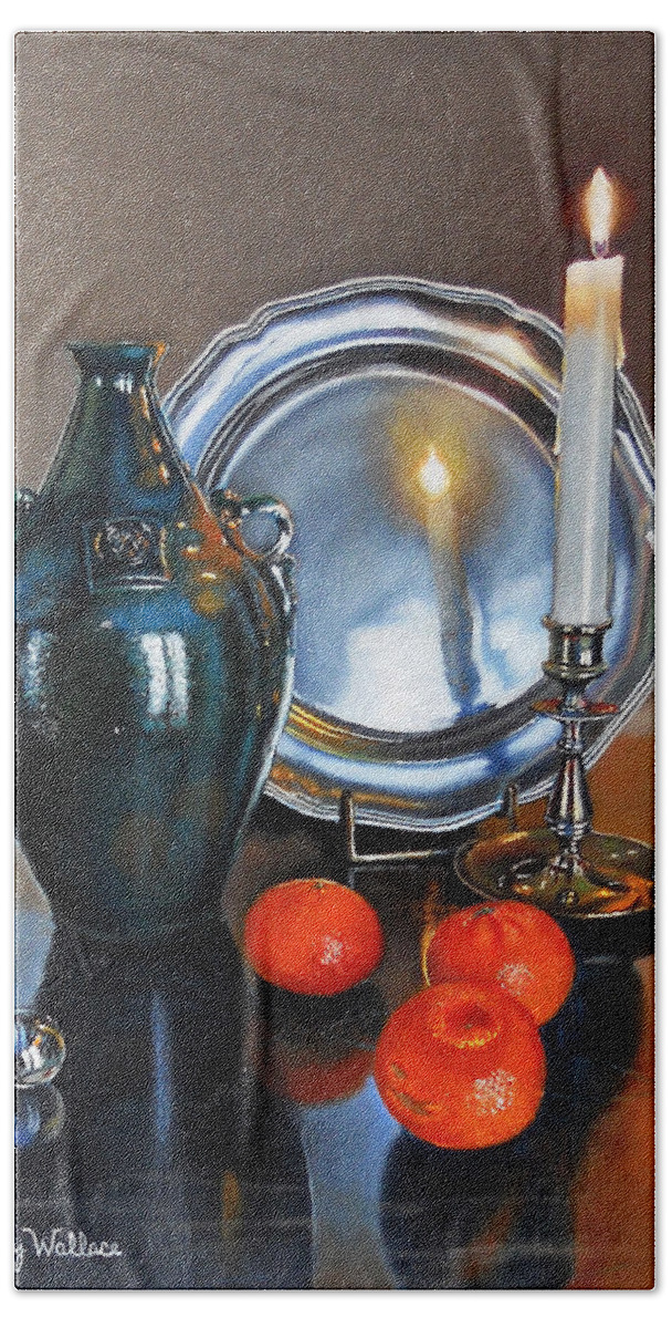 Art Beach Sheet featuring the painting Vanitas Still Life with Candlelight 2 by Carolyn Coffey Wallace