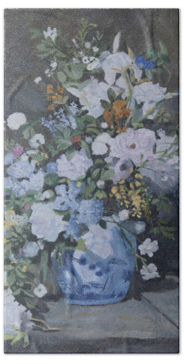 Renoir Beach Towel featuring the painting Vase of Flowers - reproduction by Masami Iida