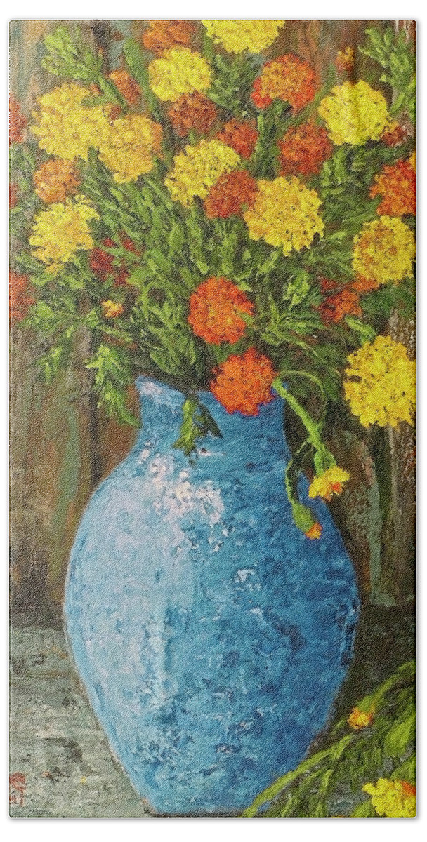 Impressionistic Beach Towel featuring the painting Vase of Marigolds by Darice Machel McGuire