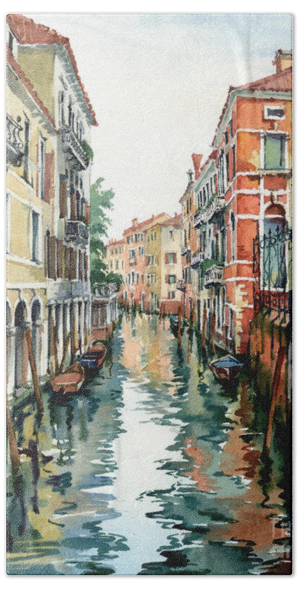 Venetian Canal Beach Towel featuring the painting Venetian Canal VII by Maria Rabinky
