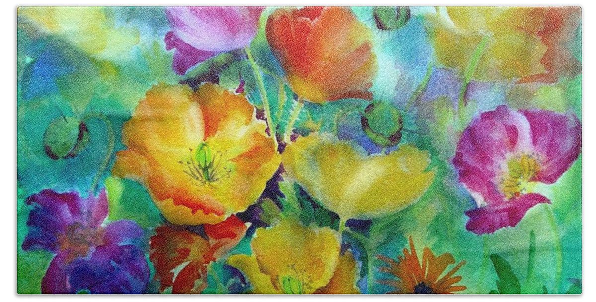Flowers Beach Towel featuring the painting Ventana Poppies by Summer Celeste