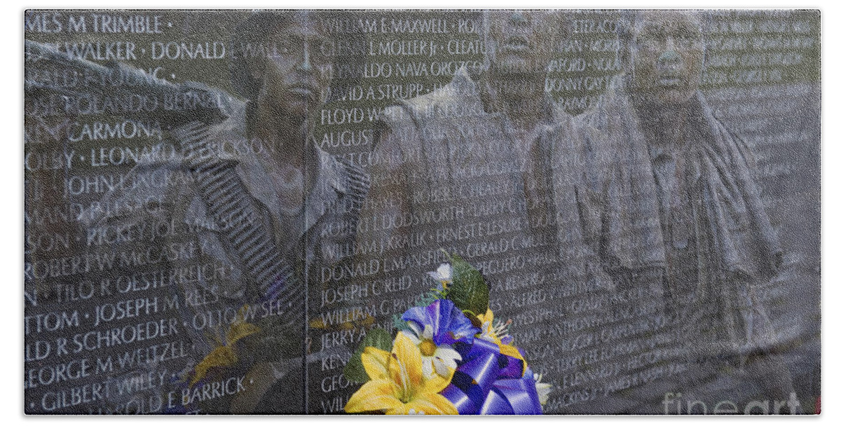 Vietnam Veteran Wall And Three Soldiers Memorial College Washington Dc Beach Towel featuring the photograph Vietnam Veteran Wall and Three Soldiers Memorial Collage Washington DC_2 by David Zanzinger