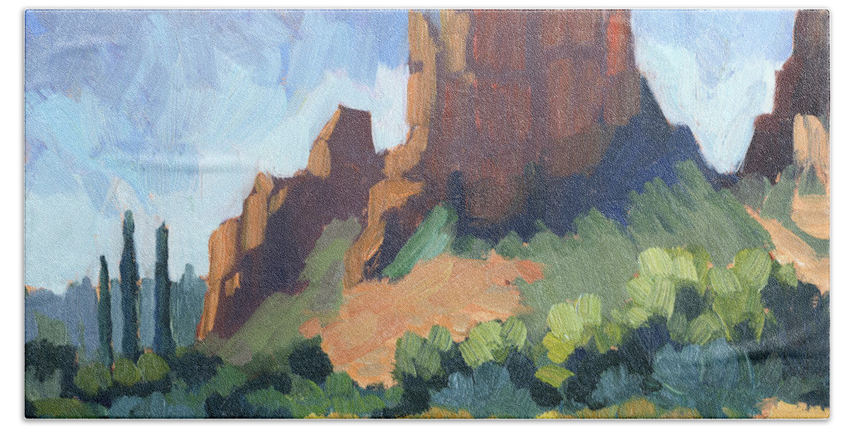 Cathedral Rock Beach Sheet featuring the painting View of Cathedral Rock Sedona by Diane McClary
